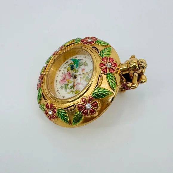 The Franklin Mint Gold & Pink Floral Pendant Hummingbird Watch - Picture 5 of 6